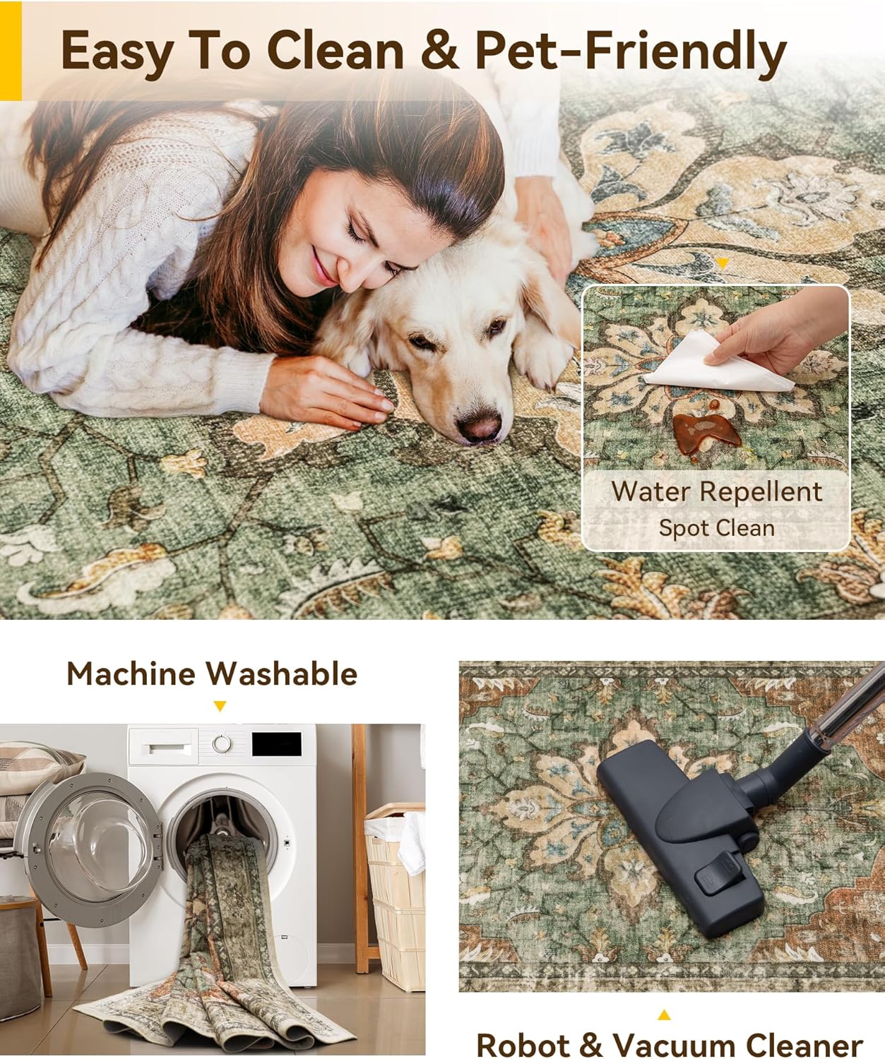 Area Rugs 5'x7' Washable Non-Slip, Floral Vintage Distress Print Pattern Medallion Carpet for Living Room Bedroom Dining Room, Brick Red Rust Neutral Brown Burnt Orange Green - Image 3