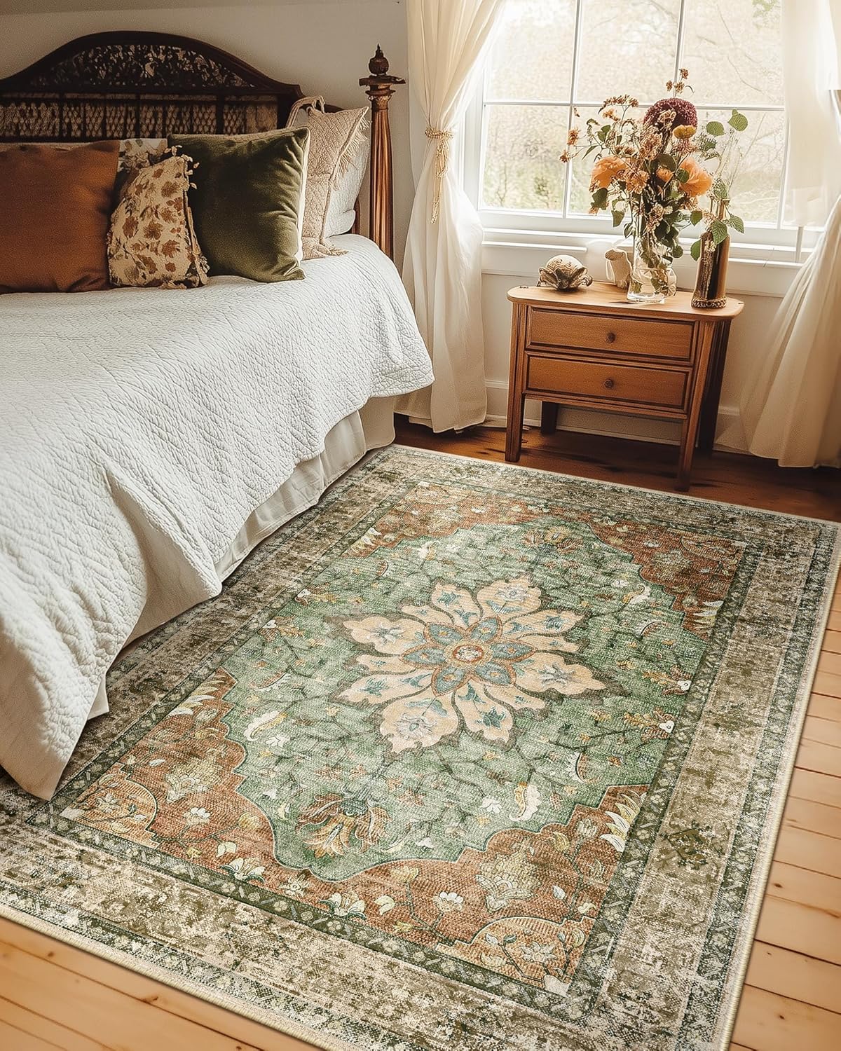 Area Rugs 5'x7' Washable Non-Slip, Floral Vintage Distress Print Pattern Medallion Carpet for Living Room Bedroom Dining Room, Brick Red Rust Neutral Brown Burnt Orange Green - Image 7