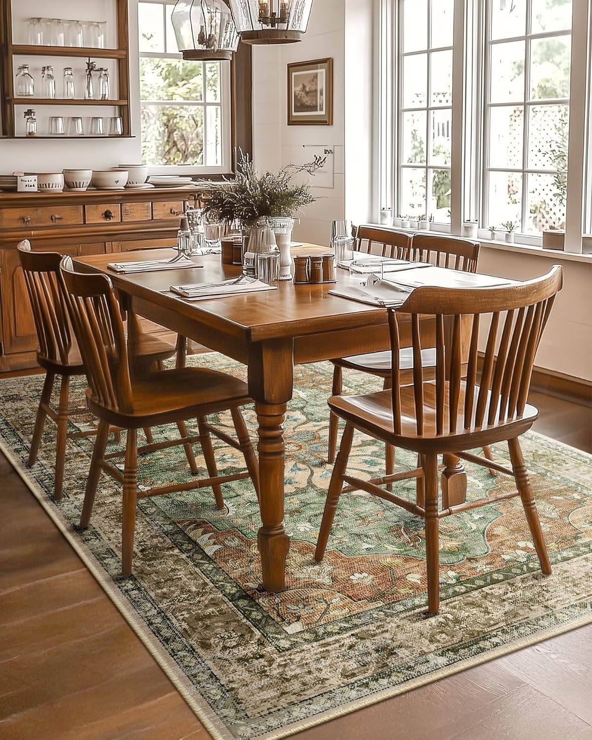 Area Rugs 5'x7' Washable Non-Slip, Floral Vintage Distress Print Pattern Medallion Carpet for Living Room Bedroom Dining Room, Brick Red Rust Neutral Brown Burnt Orange Green - Image 8