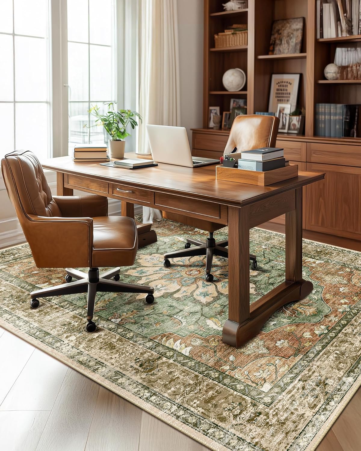 Area Rugs 5'x7' Washable Non-Slip, Floral Vintage Distress Print Pattern Medallion Carpet for Living Room Bedroom Dining Room, Brick Red Rust Neutral Brown Burnt Orange Green - Image 9