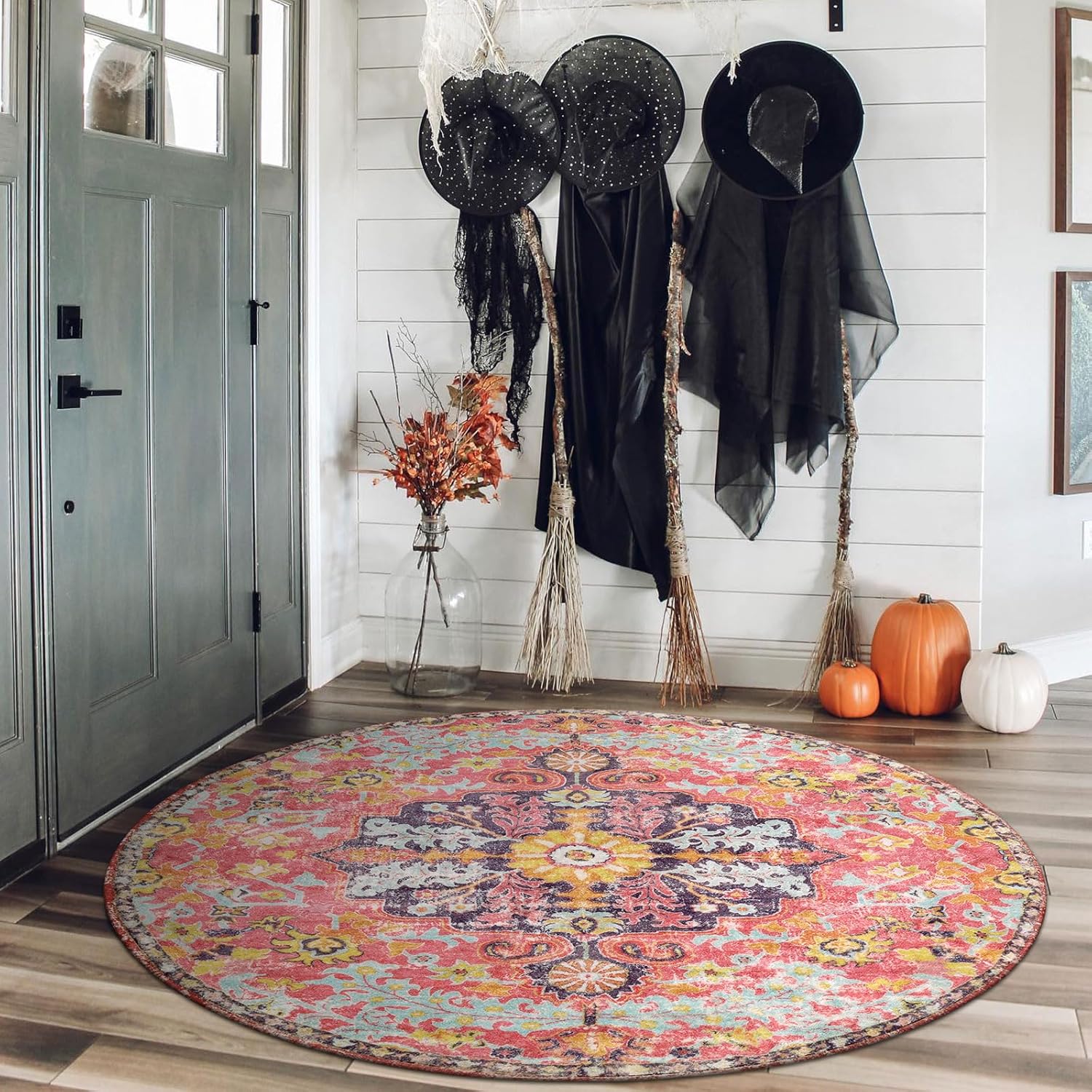 Lahome Bohemian Floral Medallion Round Rug - 4Ft Hot Pink Soft Round Area Rug Bedroom Kitchen Mat, Turkish Washable Indoor Floor Accent Bathroom Carpet for Nursery Living Room Home Office Hallway - Image 3