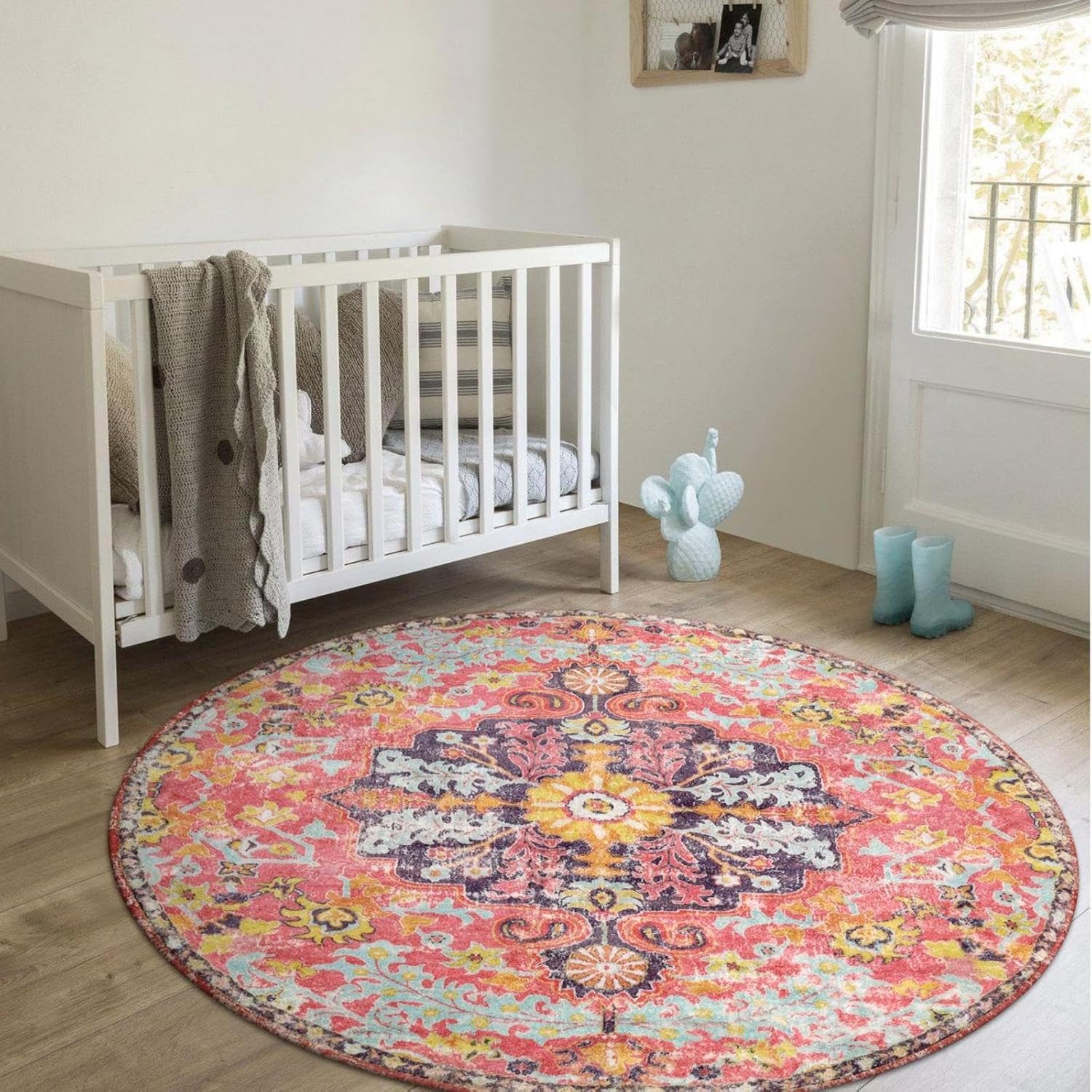 Lahome Bohemian Floral Medallion Round Rug - 4Ft Hot Pink Soft Round Area Rug Bedroom Kitchen Mat, Turkish Washable Indoor Floor Accent Bathroom Carpet for Nursery Living Room Home Office Hallway - Image 4