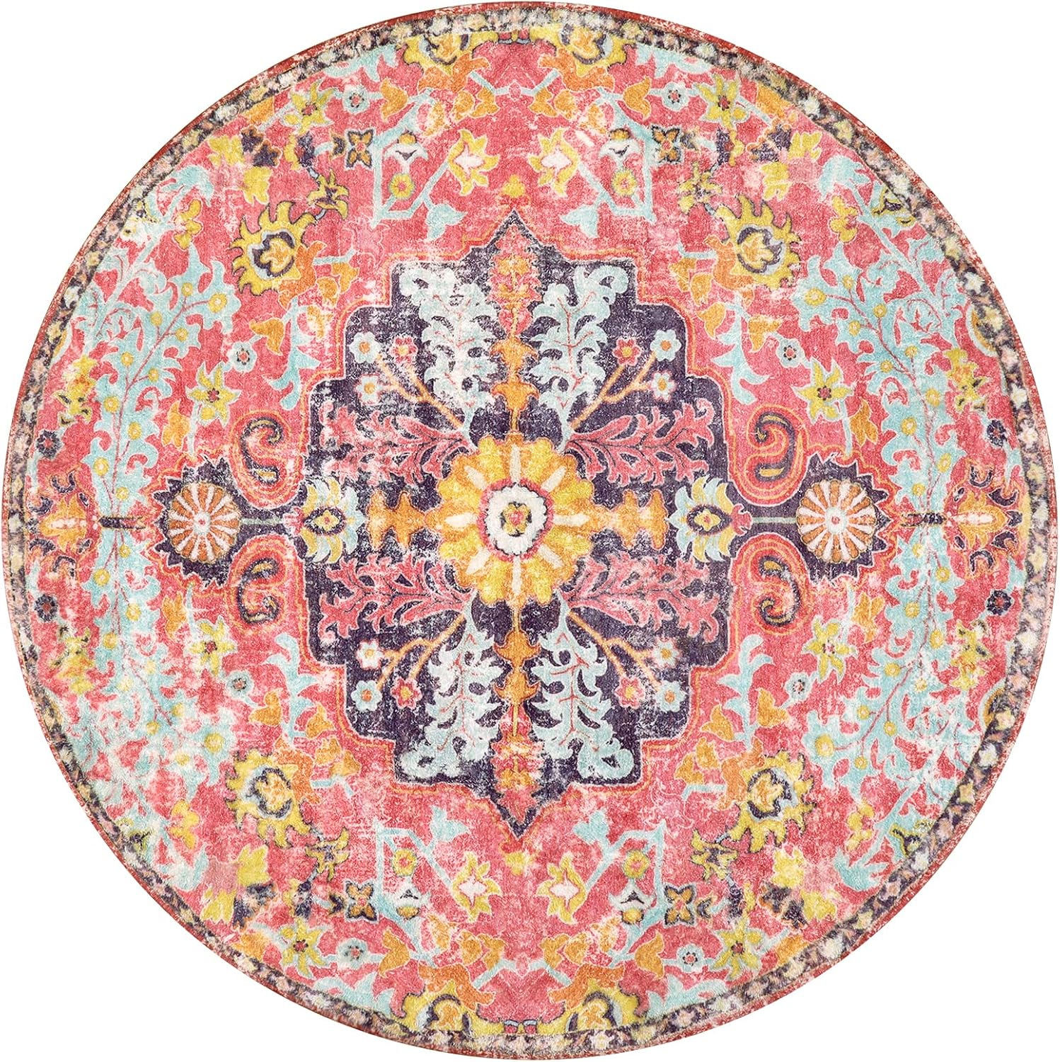 Lahome Bohemian Floral Medallion Round Rug - 4Ft Hot Pink Soft Round Area Rug Bedroom Kitchen Mat, Turkish Washable Indoor Floor Accent Bathroom Carpet for Nursery Living Room Home Office Hallway - Image 10