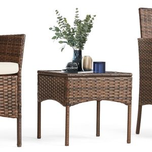 Sweetcrispy Patio Furniture Set 3 Pieces, Outdoor Furniture with Soft Cushion and Glass Table, All Weather Manual Weaving Wicker Rattan Patio Chairs for Garden, Terrace, Porch, Lawn (Brown and Beige)