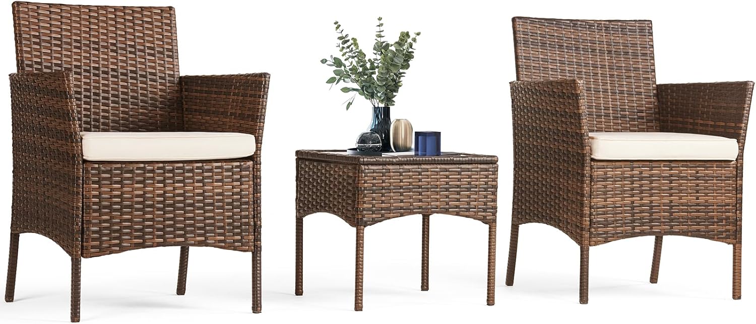 Sweetcrispy Patio Furniture Set 3 Pieces, Outdoor Furniture with Soft Cushion and Glass Table, All Weather Manual Weaving Wicker Rattan Patio Chairs for Garden, Terrace, Porch, Lawn (Brown and Beige)