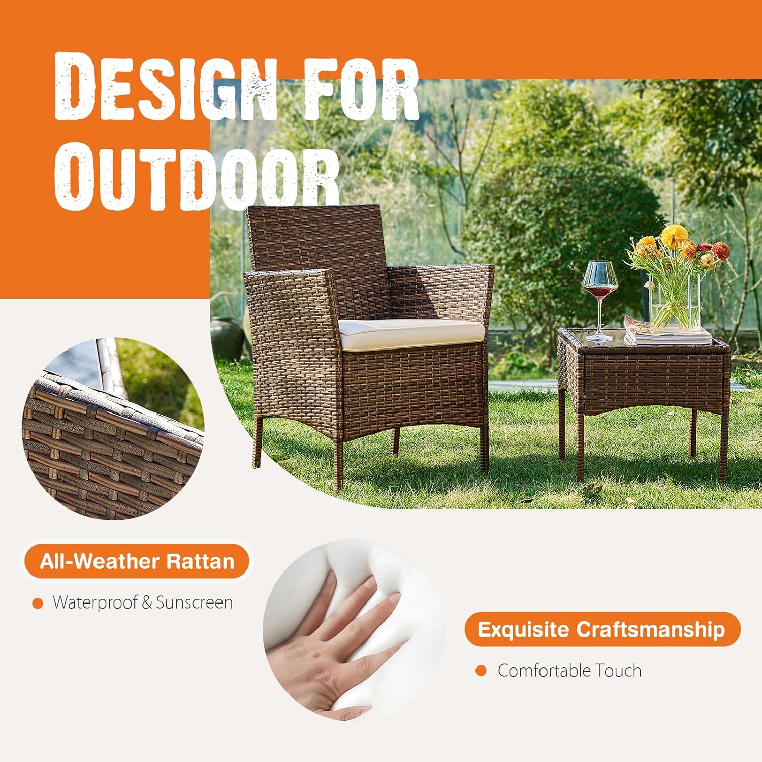 Sweetcrispy Patio Furniture Set 3 Pieces, Outdoor Furniture with Soft Cushion and Glass Table, All Weather Manual Weaving Wicker Rattan Patio Chairs for Garden, Terrace, Porch, Lawn (Brown and Beige) - Image 3