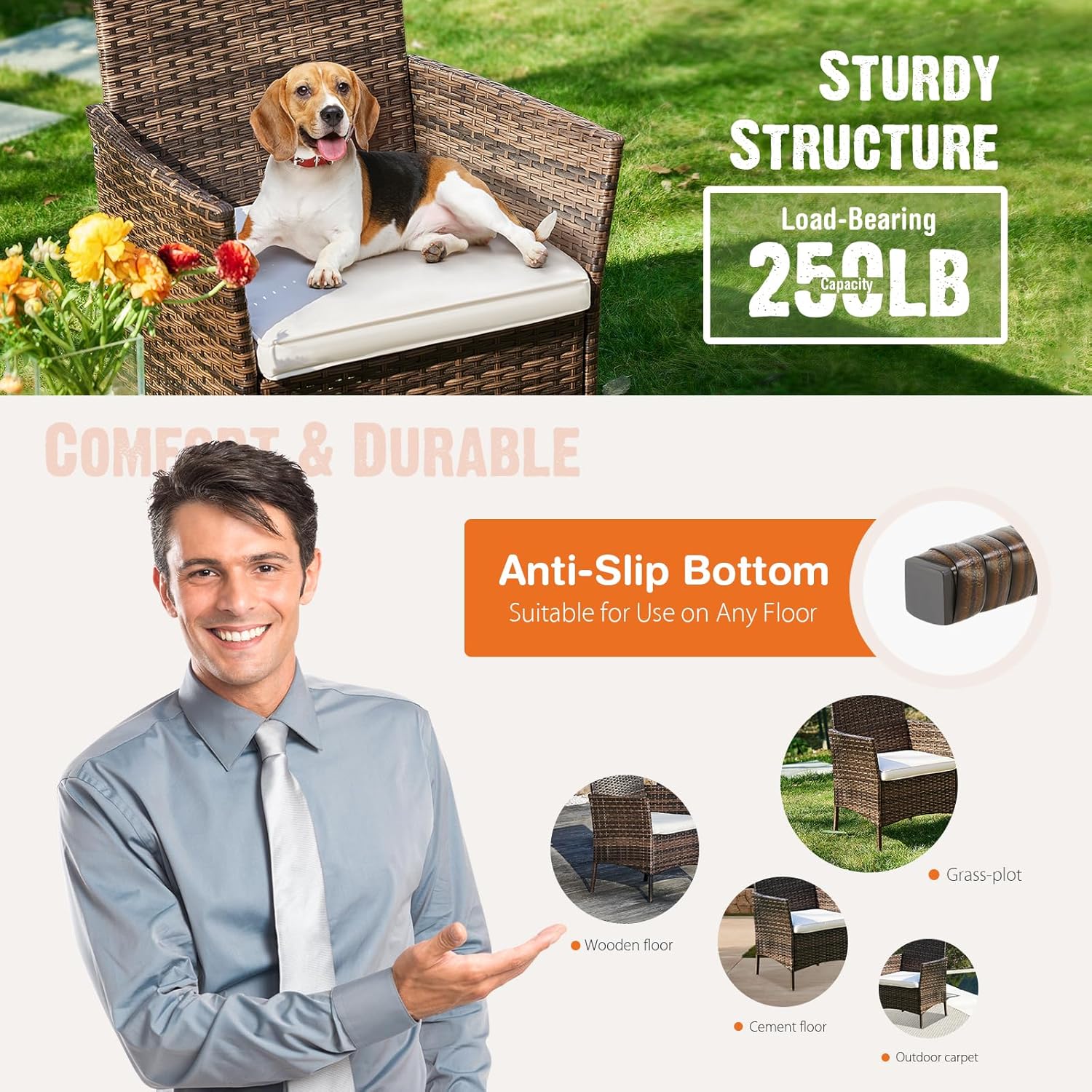 Sweetcrispy Patio Furniture Set 3 Pieces, Outdoor Furniture with Soft Cushion and Glass Table, All Weather Manual Weaving Wicker Rattan Patio Chairs for Garden, Terrace, Porch, Lawn (Brown and Beige) - Image 4