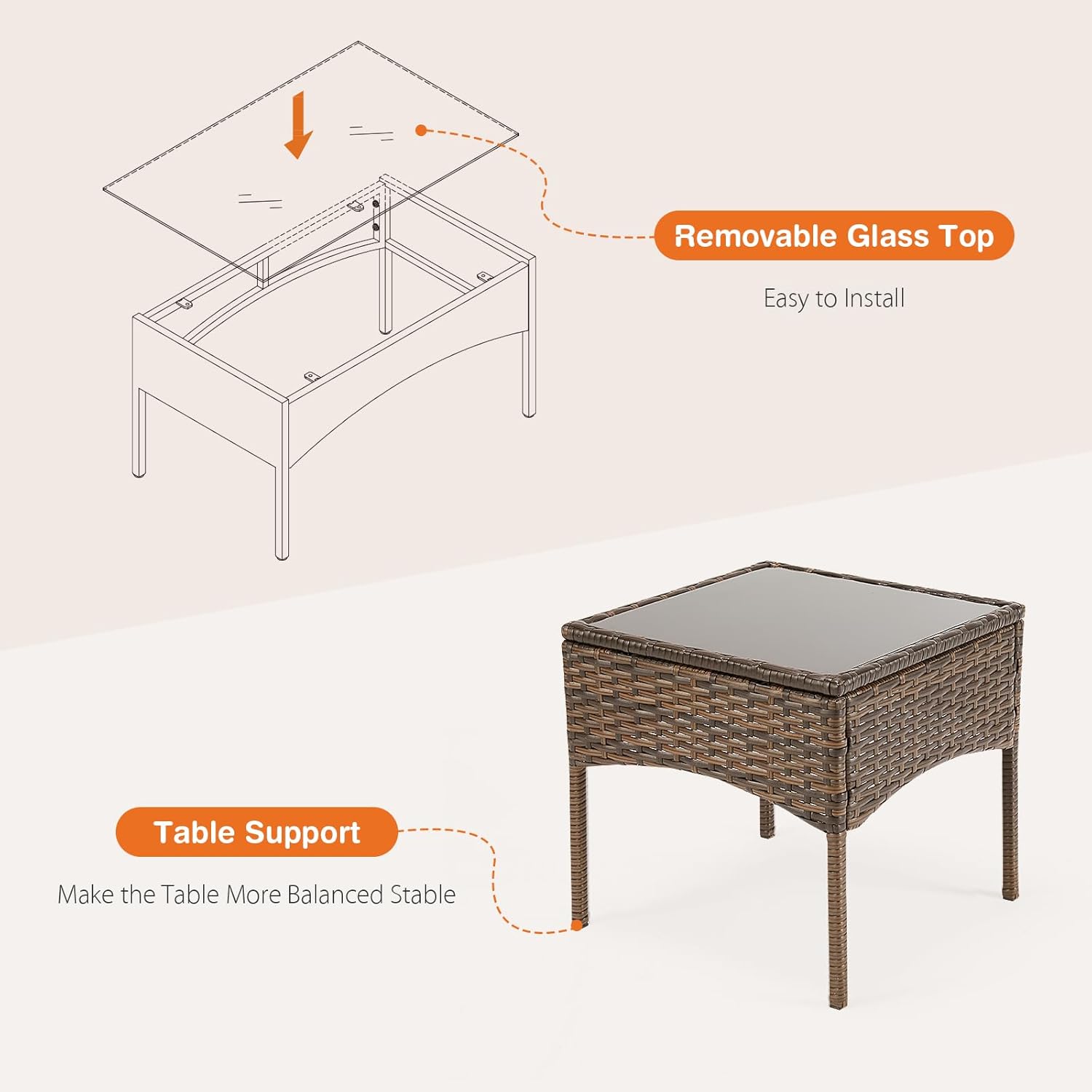 Sweetcrispy Patio Furniture Set 3 Pieces, Outdoor Furniture with Soft Cushion and Glass Table, All Weather Manual Weaving Wicker Rattan Patio Chairs for Garden, Terrace, Porch, Lawn (Brown and Beige) - Image 5