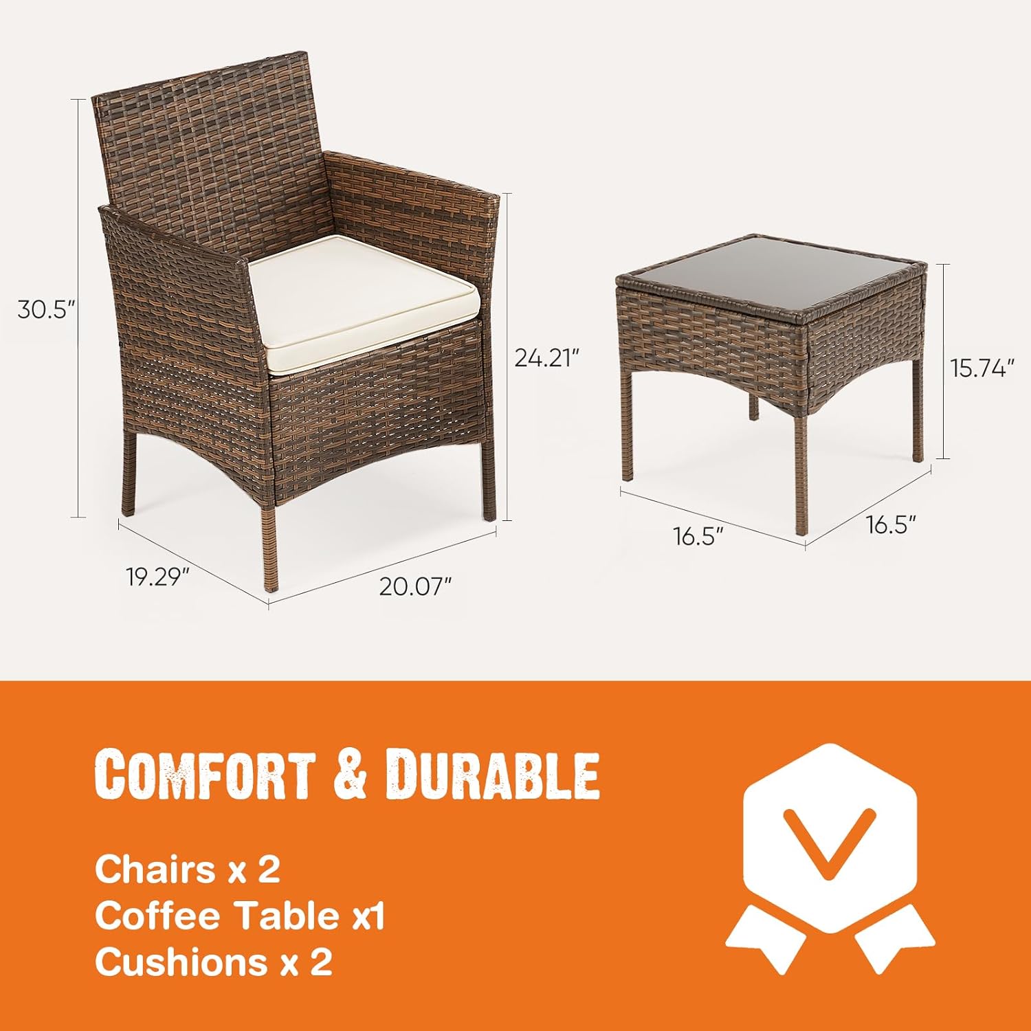 Sweetcrispy Patio Furniture Set 3 Pieces, Outdoor Furniture with Soft Cushion and Glass Table, All Weather Manual Weaving Wicker Rattan Patio Chairs for Garden, Terrace, Porch, Lawn (Brown and Beige) - Image 8