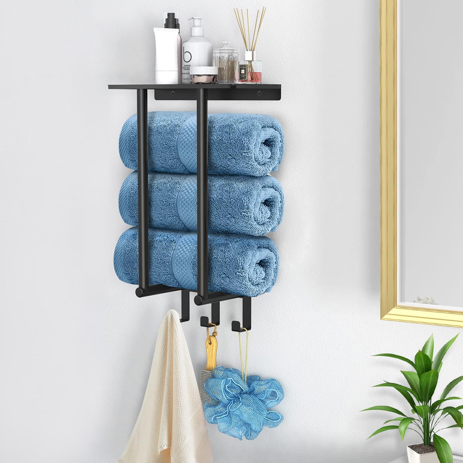 Towel Racks for Bathroom, Bathroom Towel Rack Wall Mounted with Metal Shelf and 3 Hooks for Small Bathroom, Black - Image 7
