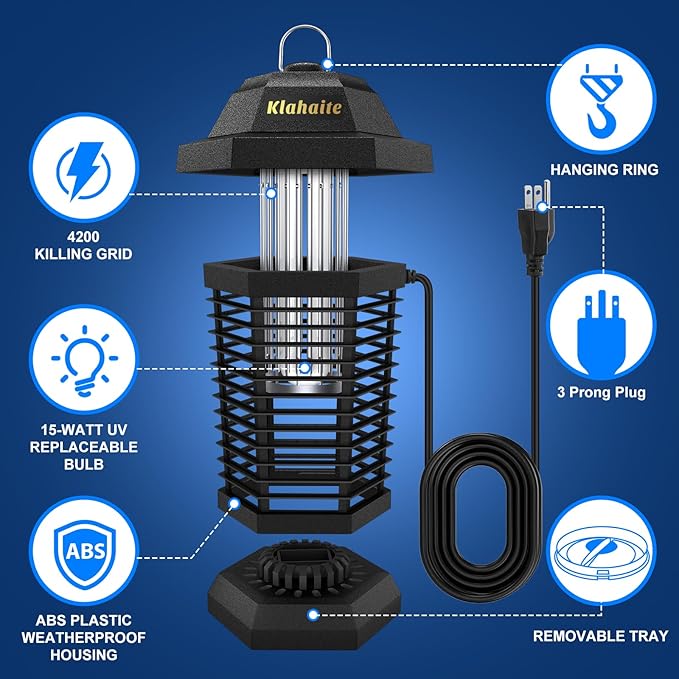 Klahaite Bug Zapper Outdoor, Electric Mosquito Zapper, Fly Zapper Indoor Fly Traps, Mosquito Repellent Outdoor Patio and Backyard Covers 1/2 Acre, 3 Prong Plug, 4200V, ABS Fireproof Plastic Outer - Image 4
